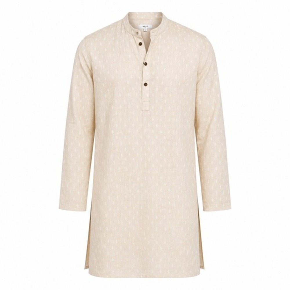 Next Mens‎ Cotton Linen Kurta Tunic Shirt Oatmeal Dobby XL NWT